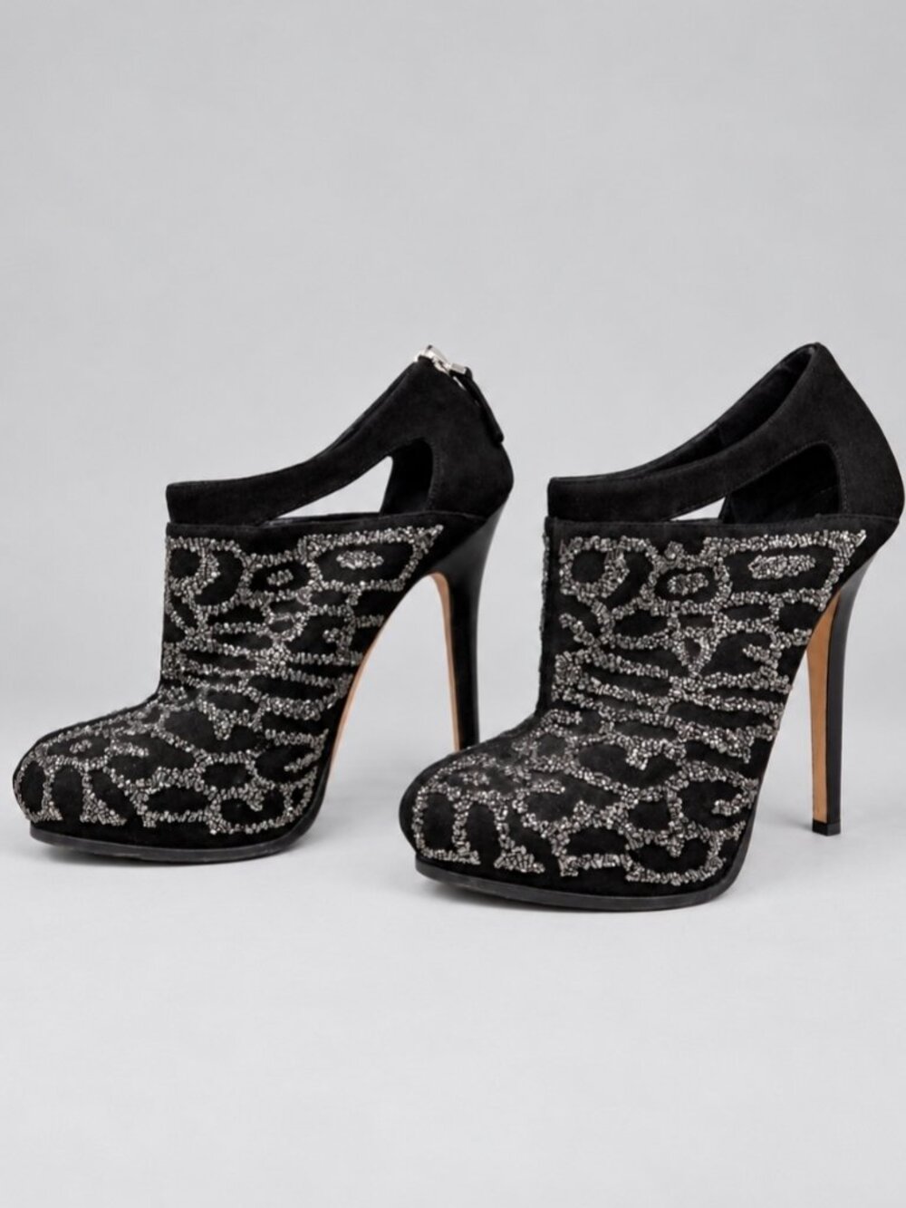 Fendi Black Suede Silver Beaded Animal Print Platform Booties 40.5